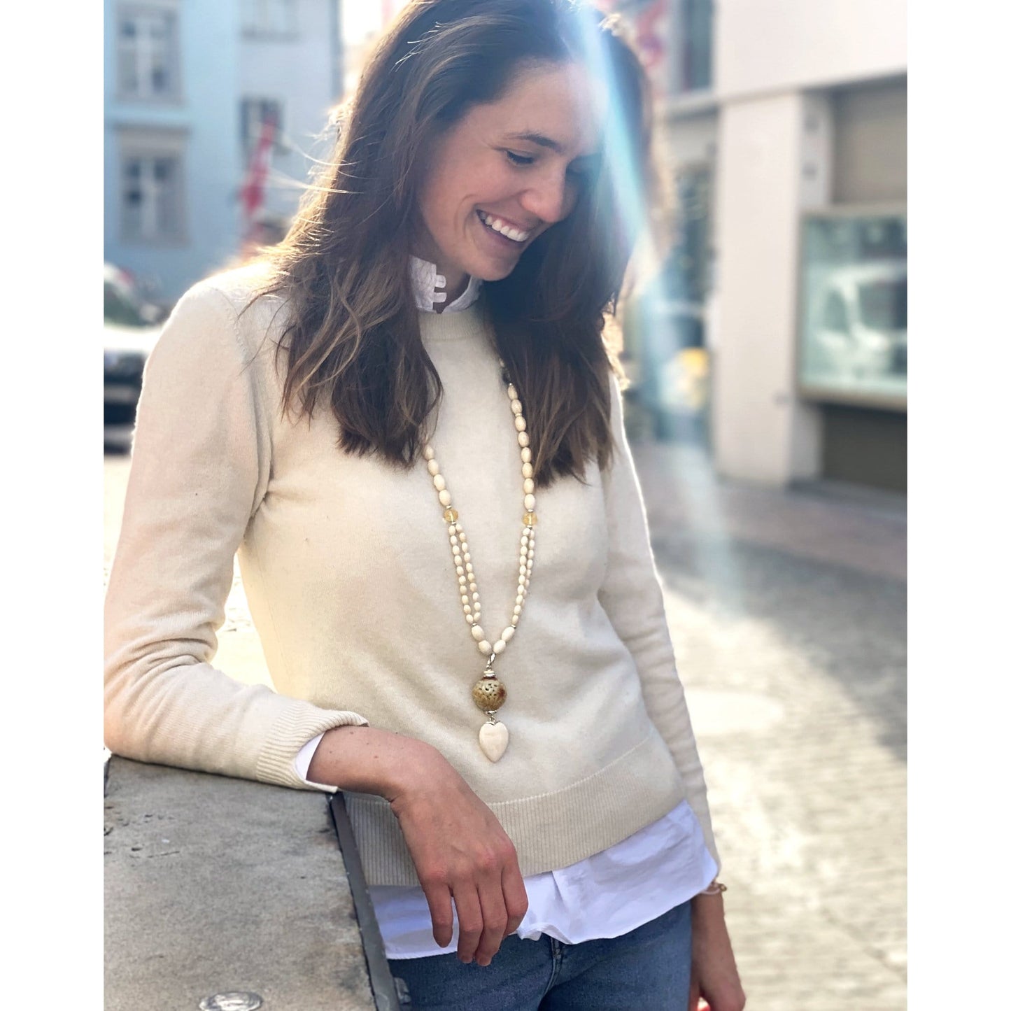 Mammoth sautoir with carved jade ball - unique piece -